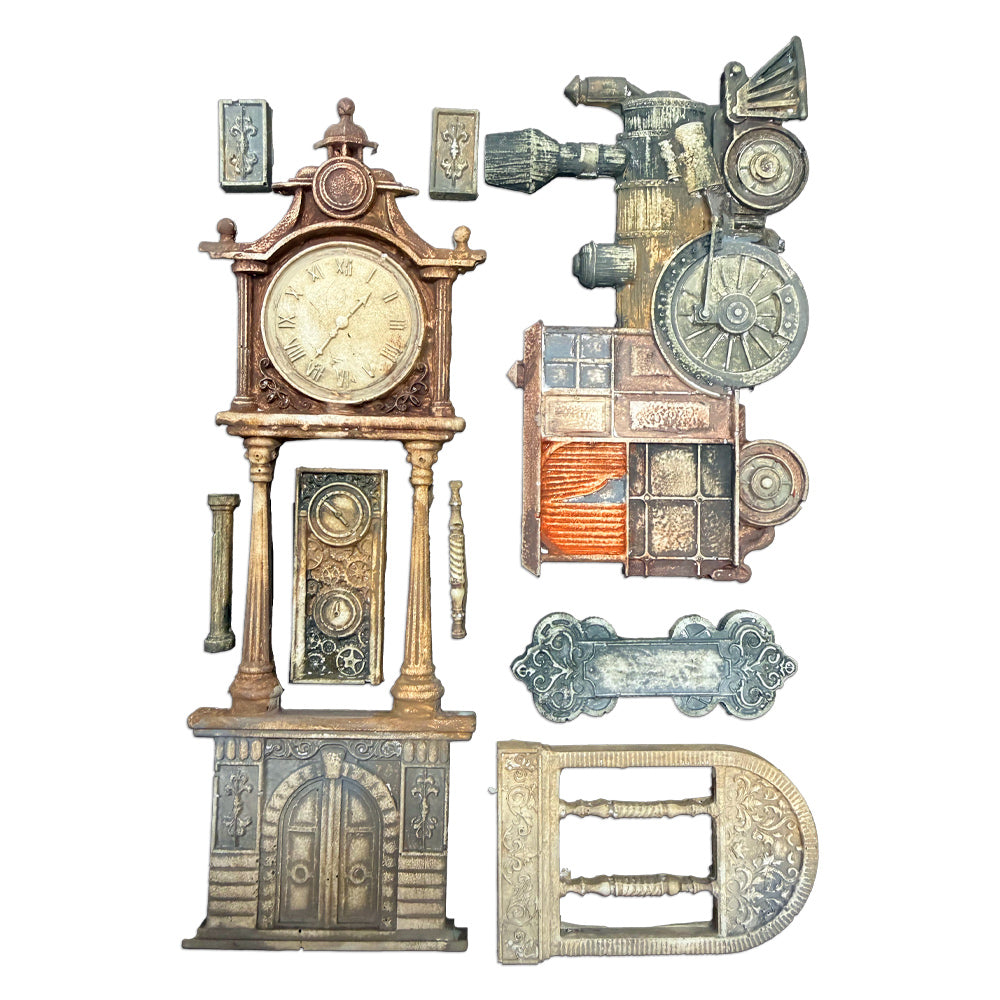 Stamperia GARDENS OF TIME - TRAIN and LONGCASE CLOCK A5 Silicone Mixed Media Moulds Resin #KACMA609