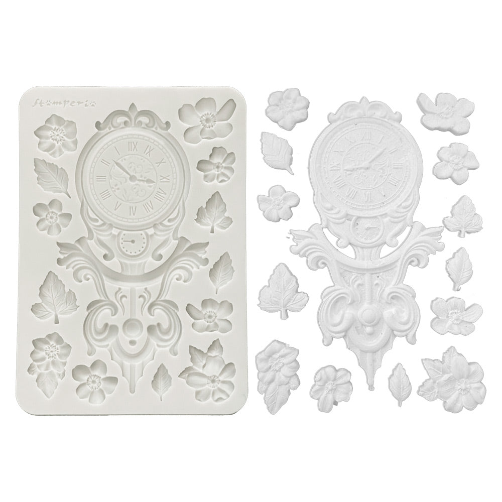 Stamperia GARDENS OF TIME - CLOCK and FLOWERS A5 Silicone Mixed Media Moulds Resin #KACMA610