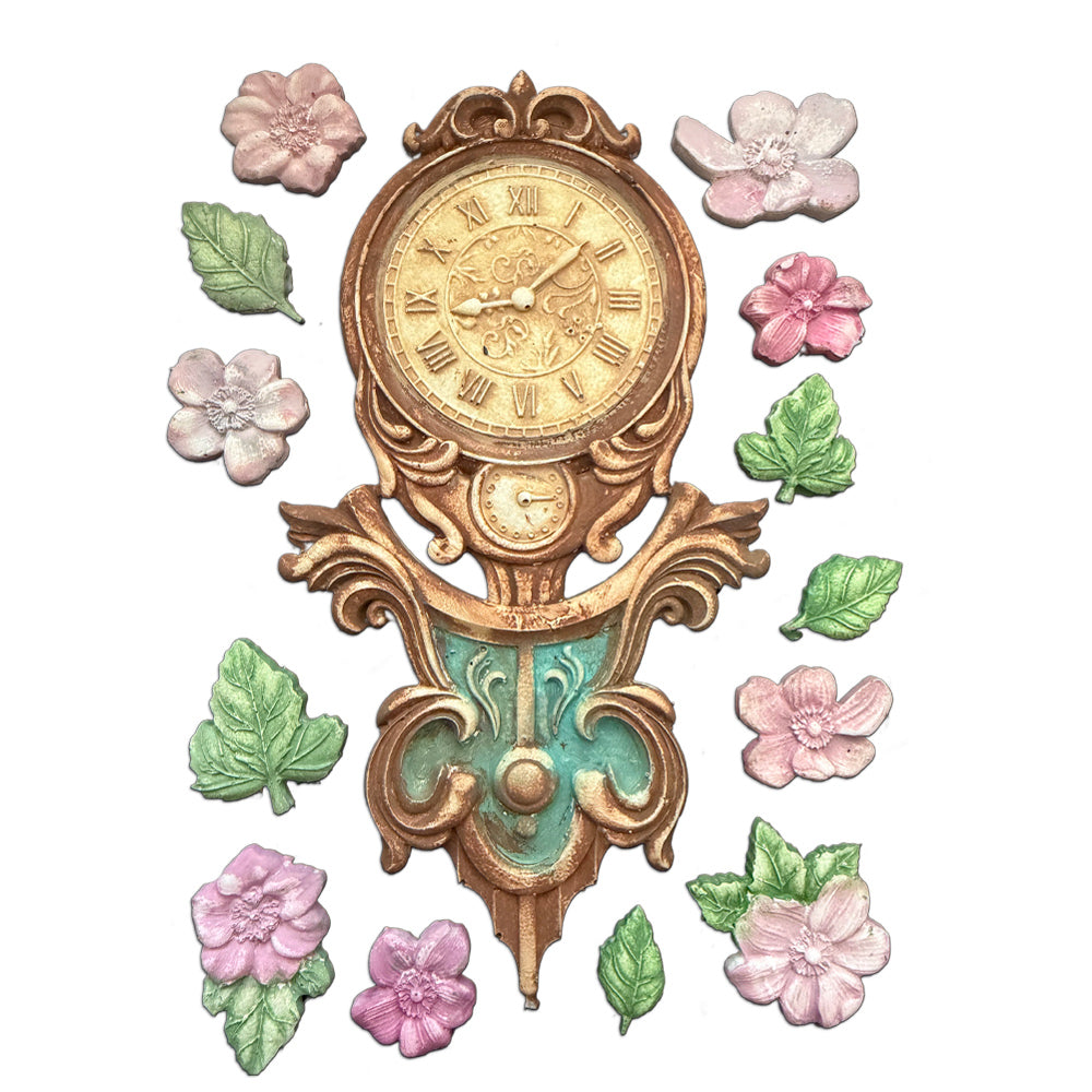 Stamperia GARDENS OF TIME - CLOCK and FLOWERS A5 Silicone Mixed Media Moulds Resin #KACMA610