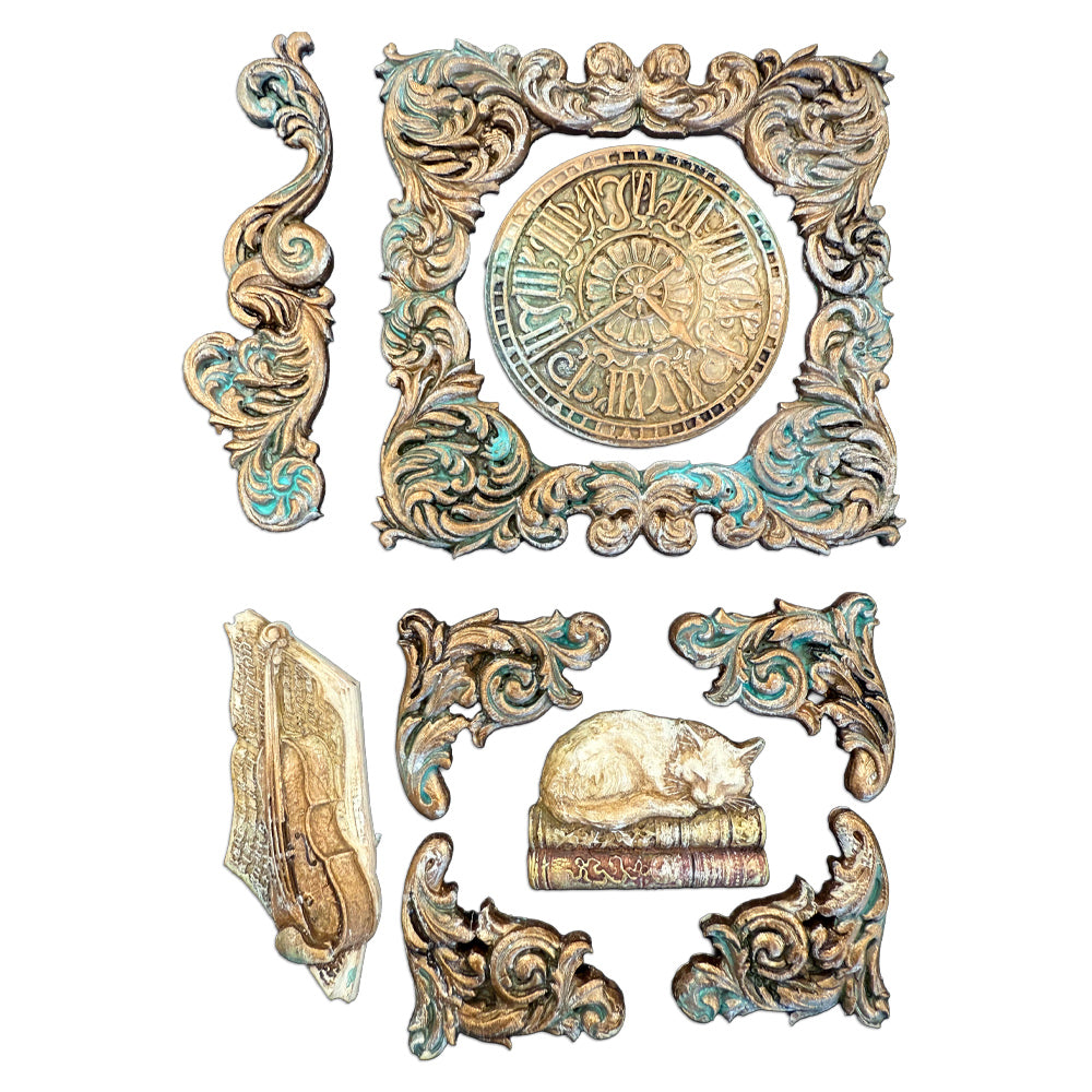Decorative elements with intricate designs and a central circular emblem on a white background