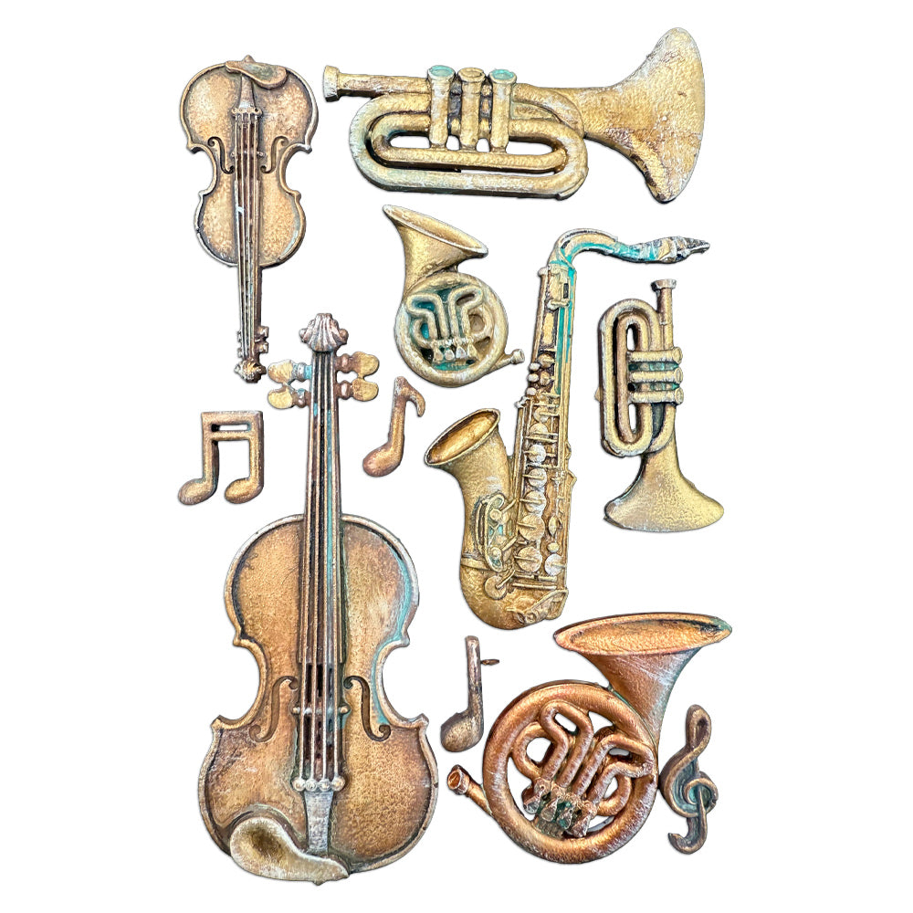 Illustration of musical instruments including a violin, trumpet, saxophone, and horn on a white background.