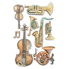 Illustration of musical instruments including a violin, trumpet, saxophone, and horn on a white background.