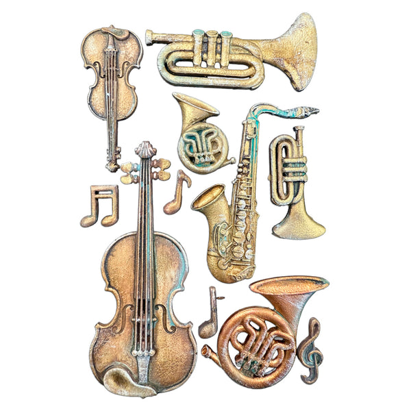 Illustration of musical instruments including a violin, trumpet, saxophone, and horn on a white background.