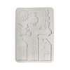 A white rectangular silicone mold with six embossed cartoon-style shapes, including a sun, a child, a scooter, a car, stacked boxes, and three house designs, shown on a plain white background.
