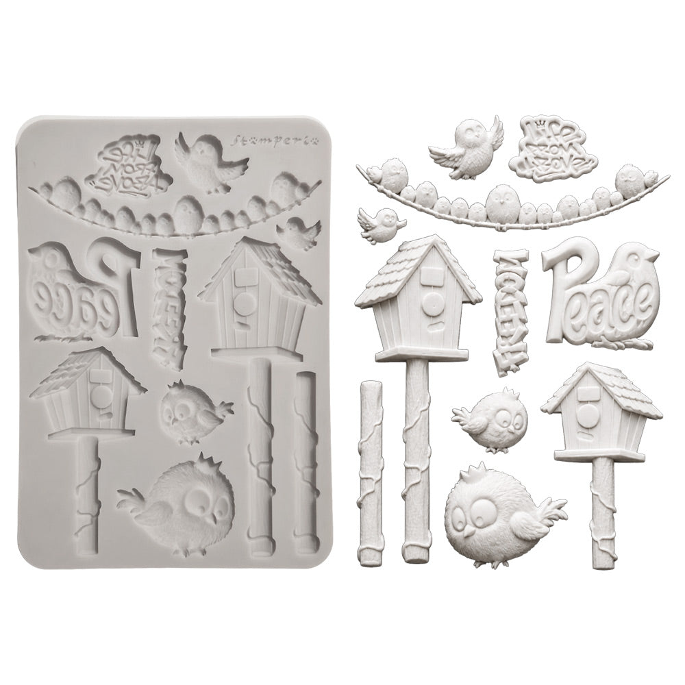 Stamperia FURRY FRIENDS 2 - BIRDS - A5 Silicone Mixed Media Moulds Resin #KACMA625