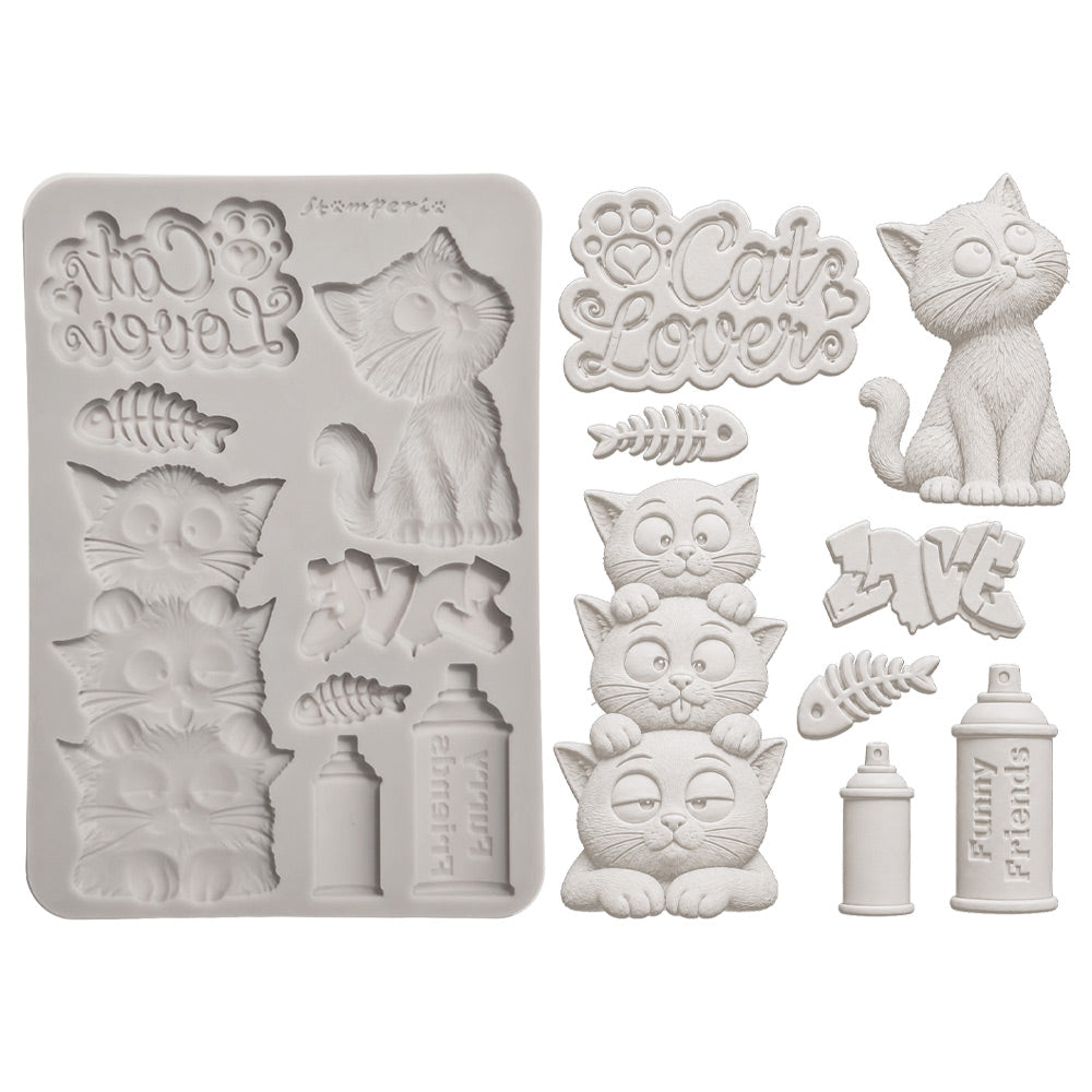 Stamperia FURRY FRIENDS 2 - CATS - A5 Silicone Mixed Media Moulds Resin #KACMA626