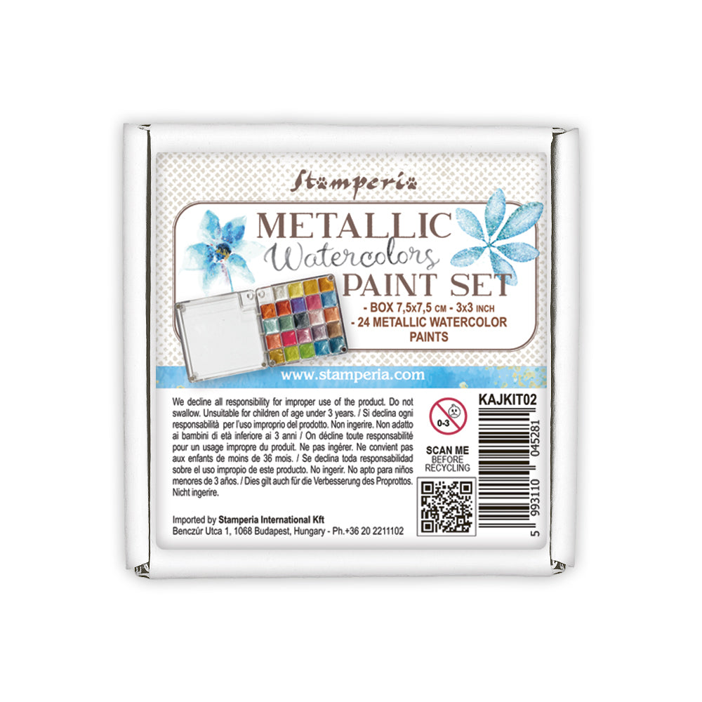 Stamperia metallic watercolors paint set packaging on a white background