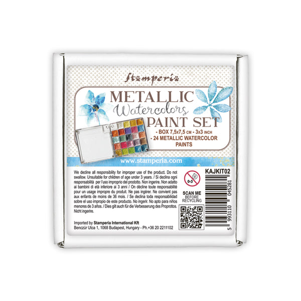 Stamperia metallic watercolors paint set packaging on a white background