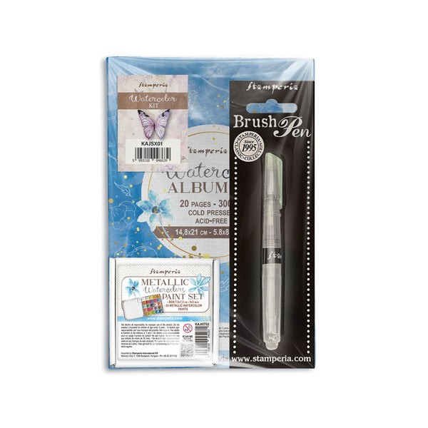 Stamperia watercolor album and brush pen packaging on a white background
