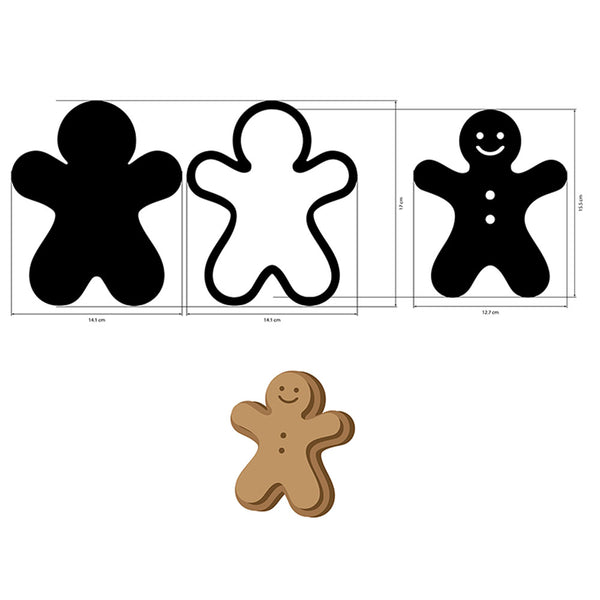 Gingerbread man mdf crafty shape with size chart and a gingerbread man cookie below.