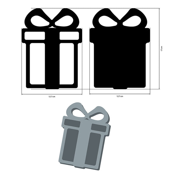 Silhouette of a gift box with a bow, dimensions, and a sample size on a white background.