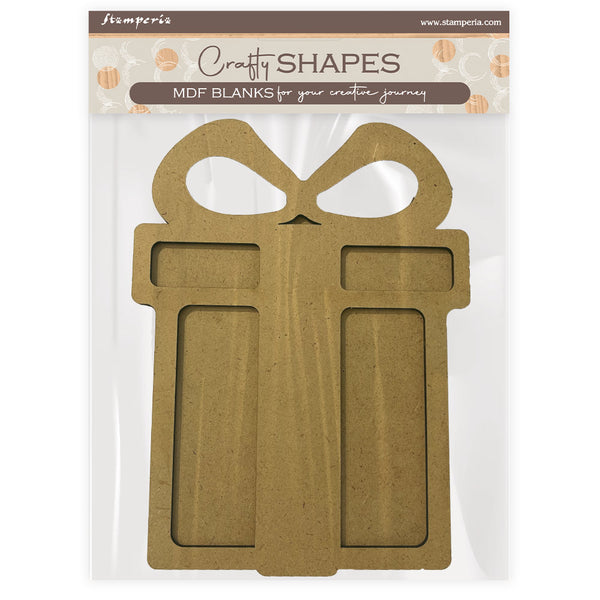 MDF blank shaped like a gift box with 'Craft Shapes' branding on packaging.