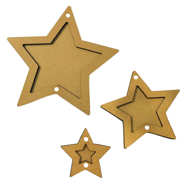 Three MDF star shapes on a white background