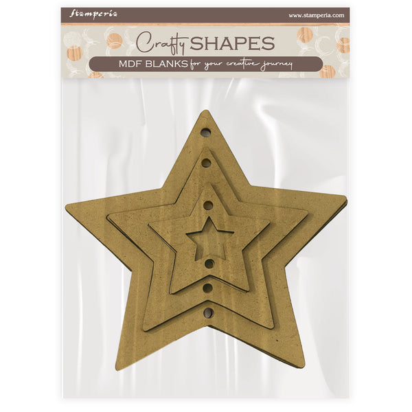 Star-shaped MDF blanks in packaging with 'Craft Shapes' branding.