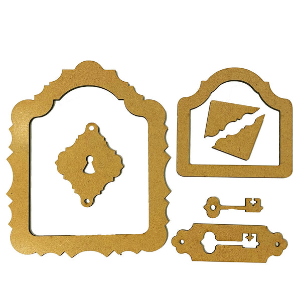 Decorative mdf pieces with keyhole and lock designs on a white background