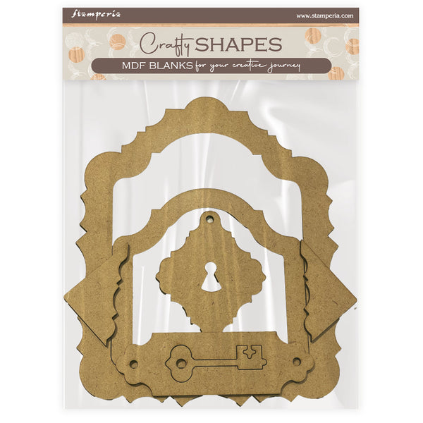 MDF blank with decorative cutout design on a clear Stampendous packaging