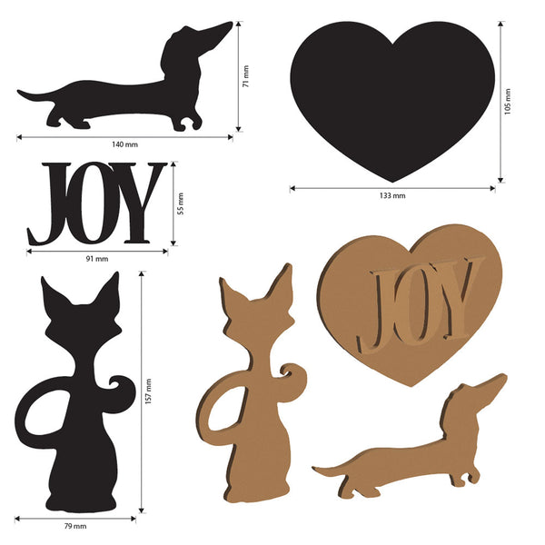 Set of decorative cutouts including a heart, dogs, and the word 'JOY' with measurements.