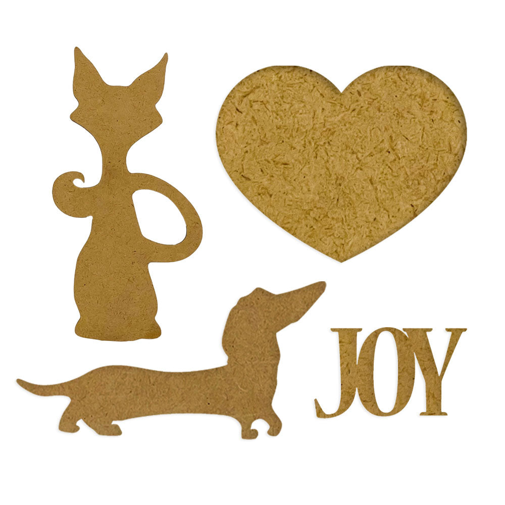 Gold silhouette of a cat, heart, and dog with 'JOY' text on a white background
