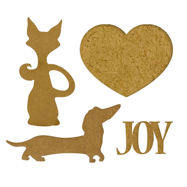 Gold silhouette of a cat, heart, and dog with 'JOY' text on a white background