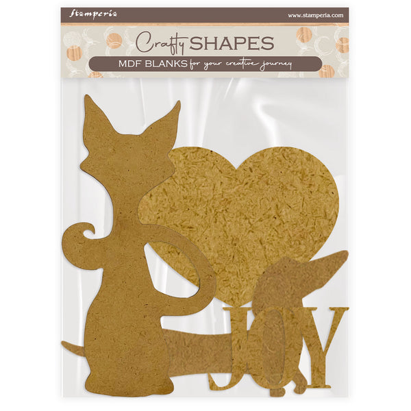 MDF blanks shaped like a cat, heart, and dog with 'LOVE' text on a clear background.