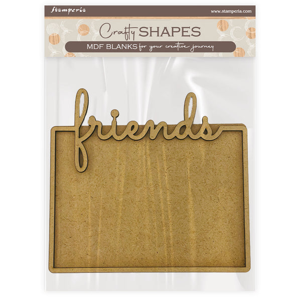 MDF blank shaped like the word 'friends' with 'Craft Shapes' branding on packaging.
