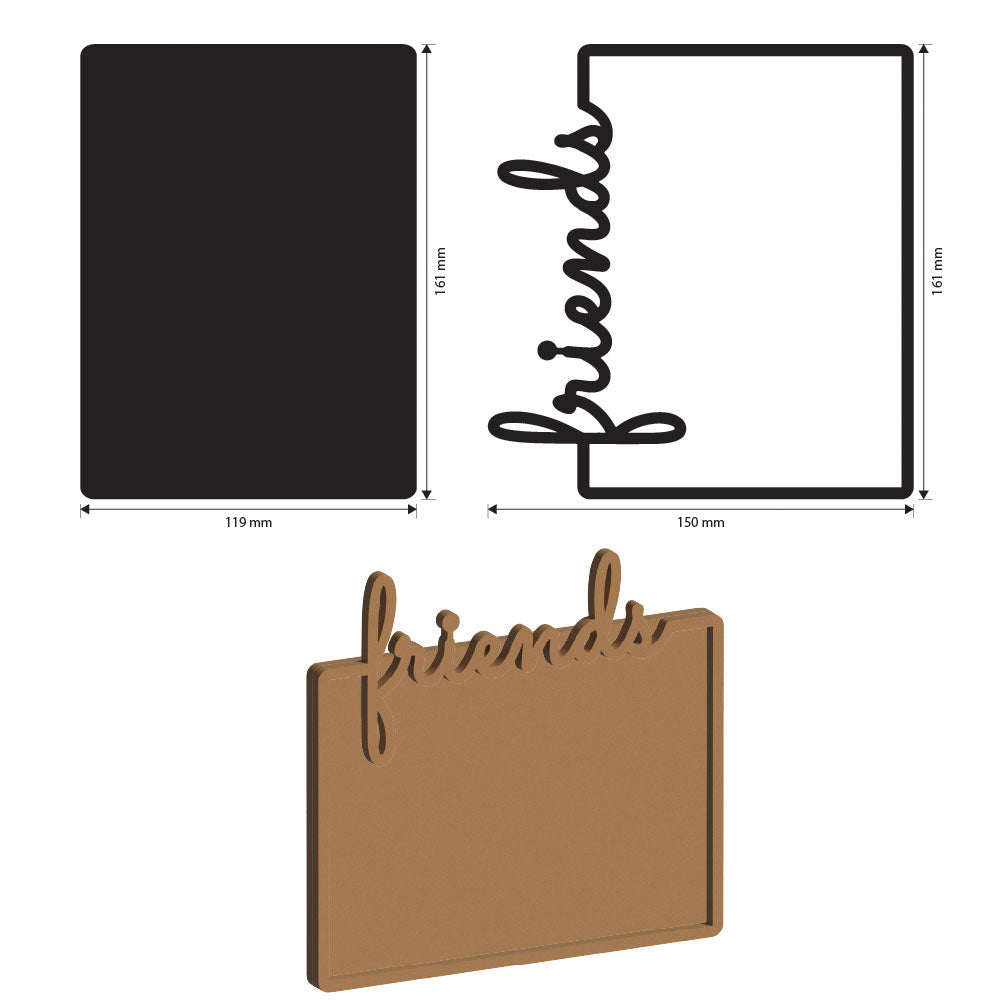 Wooden photo frame with 'friends' text, black mat, and dimensions displayed.