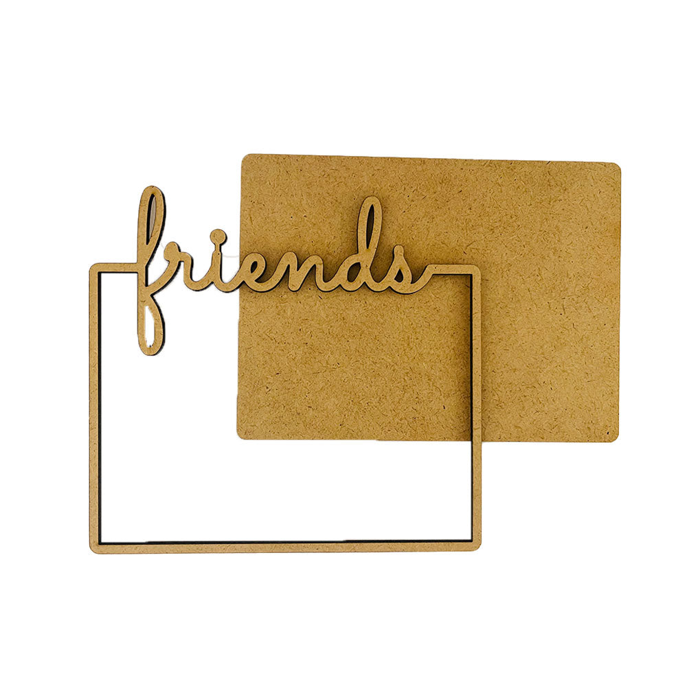 Gold 'friends' word art with a photo frame on a white background