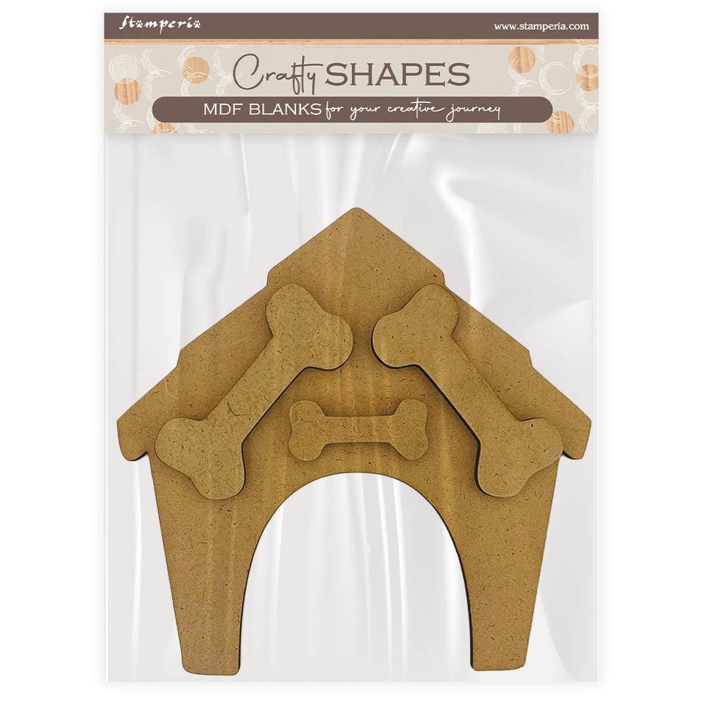 Dog house-shaped MDF blank with bone designs on a clear background