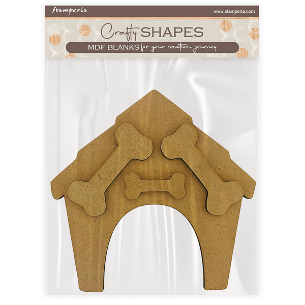 Dog house-shaped MDF blank with bone designs on a clear background