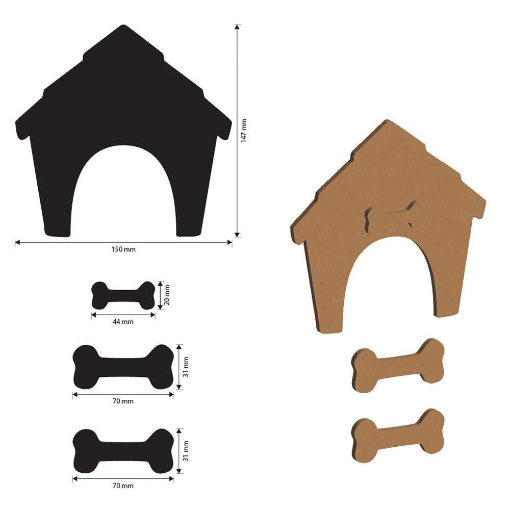 Measurement chart of a dog house and bones with dimensions on a white background