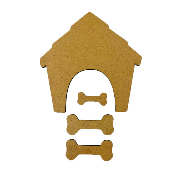 Brown cardboard dog house with bone shapes on a white background