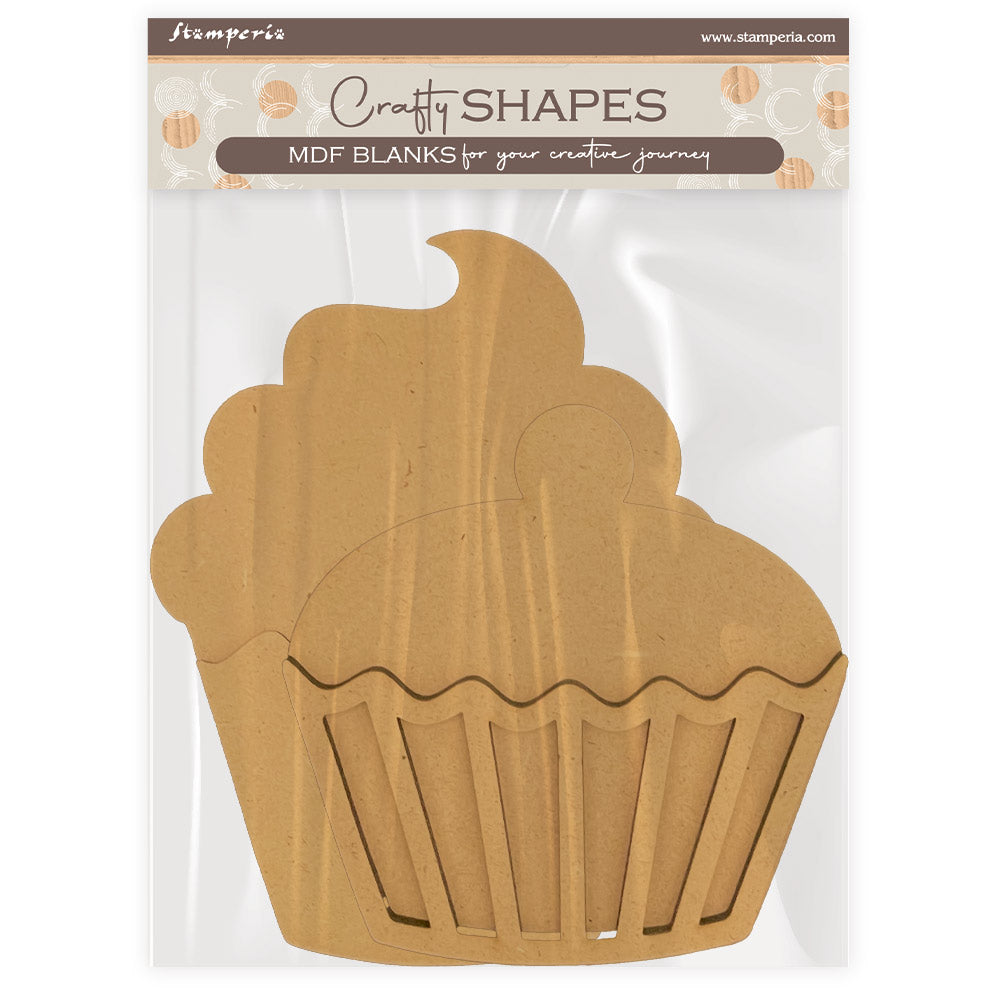MDF blank shaped like a cupcake in packaging with 'Craft Shapes' branding.