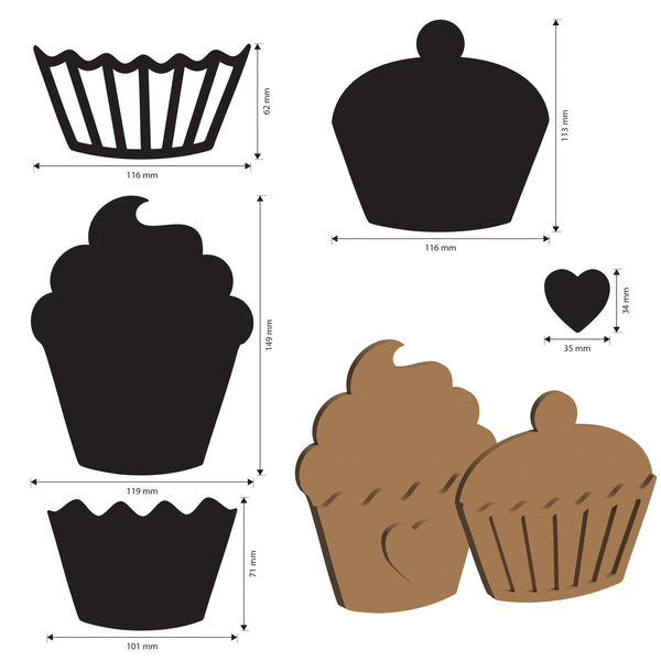 Illustration of cupcake-shaped cookie cutters with dimensions on a white background