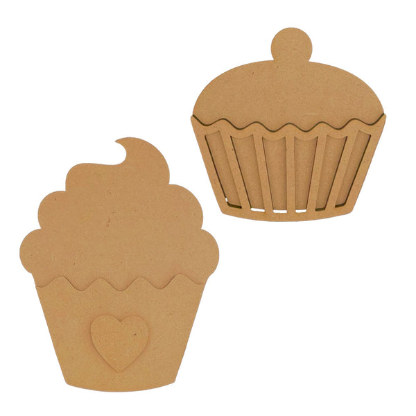 Two brown cardboard cupcake shapes on a white background
