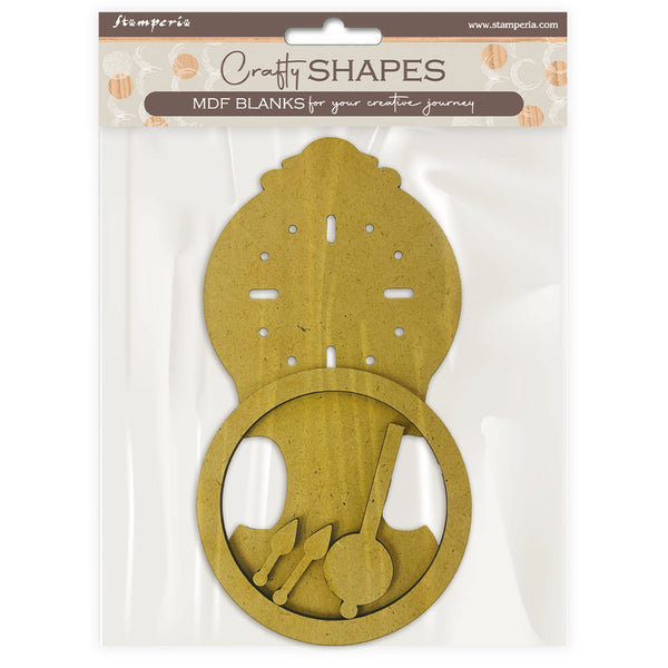 MDF craft shapes in packaging with 'Stampendous' branding on a white background