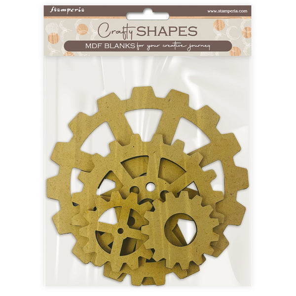 Set of MDF gears in packaging with 'Craft Shapes' branding on a white background