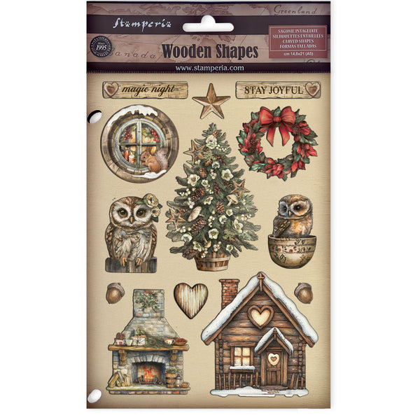Packaging of Stamperia wooden shapes with Christmas-themed designs.