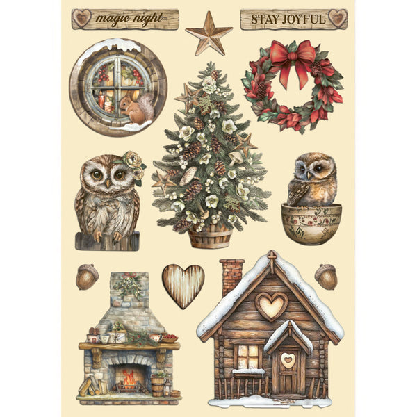 Collection of Christmas-themed illustrations including owls, a tree, a cabin, and a fireplace on a beige background.