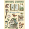 Decorative paper with nature-themed elements including a house, animals, and text on a beige background.