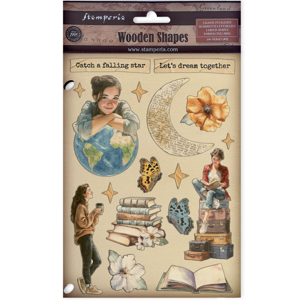 Packaging of Stamperia wooden shapes with illustrations and text.