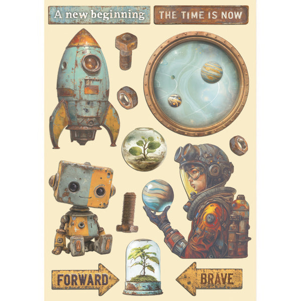 Decorative paper with space-themed stickers including a rocket, robot, and astronaut on a beige background.