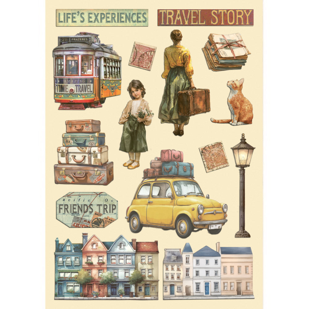 Illustrated travel-themed collage with vintage elements like a trolley, car, and buildings.