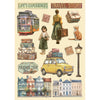 Illustrated travel-themed collage with vintage elements like a trolley, car, and buildings.