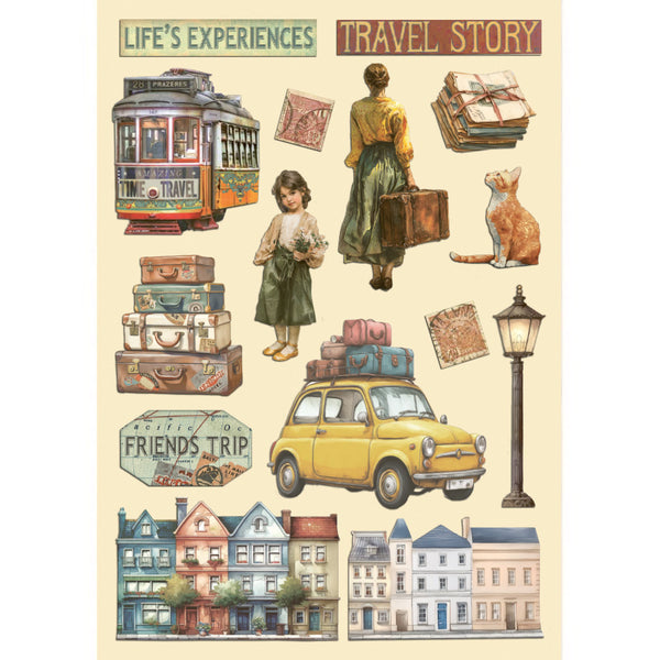 Illustrated travel-themed collage with vintage elements like a trolley, car, and buildings.