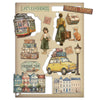 Decorative panel with travel-themed illustrations including a trolley, people with suitcases, a car, and buildings.