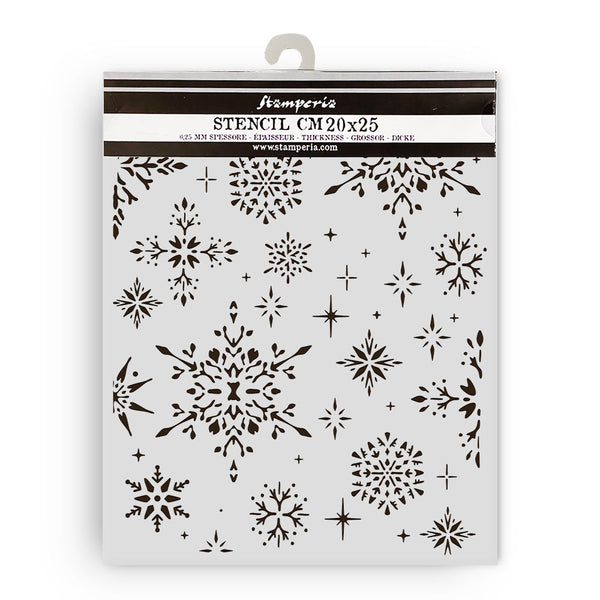 Snowflake stencil with Stamperia branding on a white background