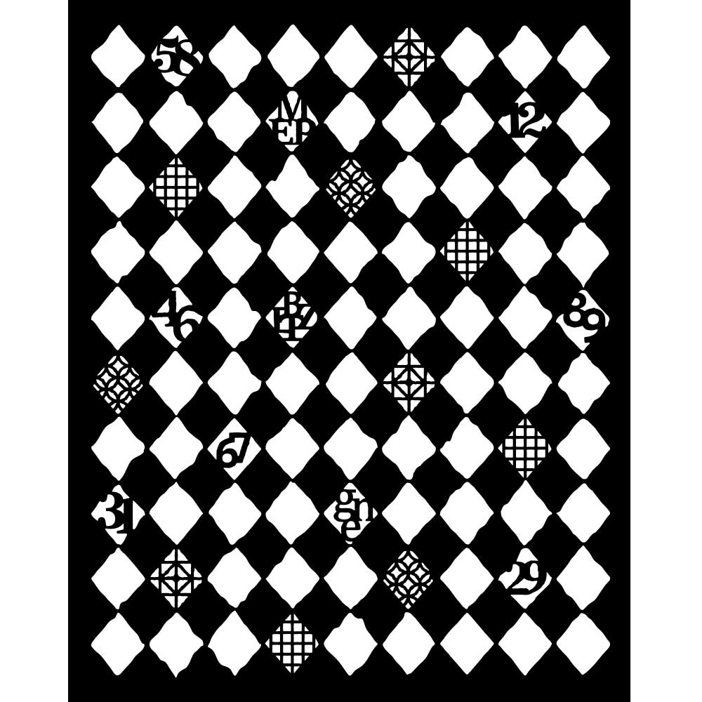 Black and white geometric pattern with diamond shapes and numbers.