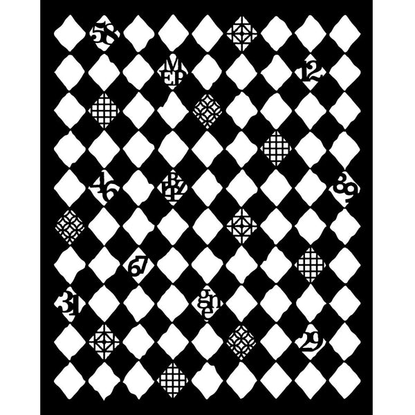 Black and white geometric pattern with diamond shapes and numbers.