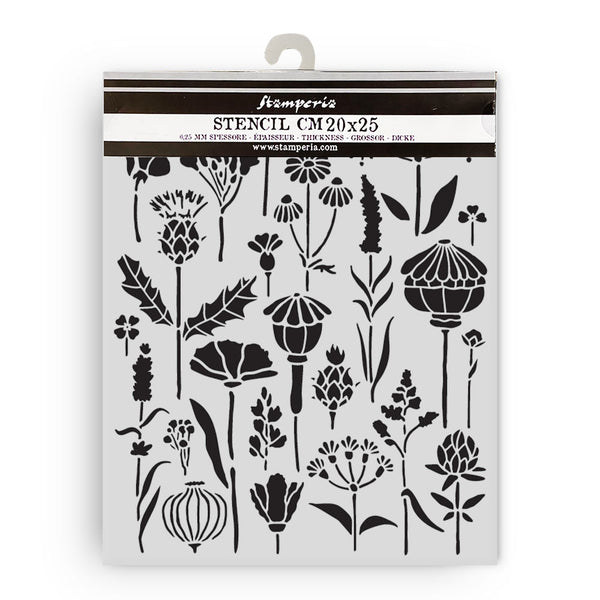 Floral stencil with black patterns on a white background, featuring the brand 'Famperie'.