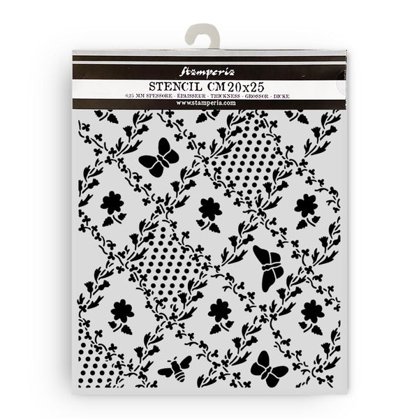 Floral and butterfly patterned stencil with 'Famperia' branding on packaging